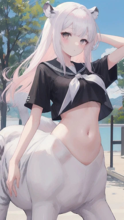 (best quality, masterpiece), 1 girl, centaur, I beg, White skin, Japanese schoolgirl,daughter,black pink, exposing the abdomen, belly button t-shirt , beautiful girl perfect, White tiger photo, 완벽한 White tiger photo