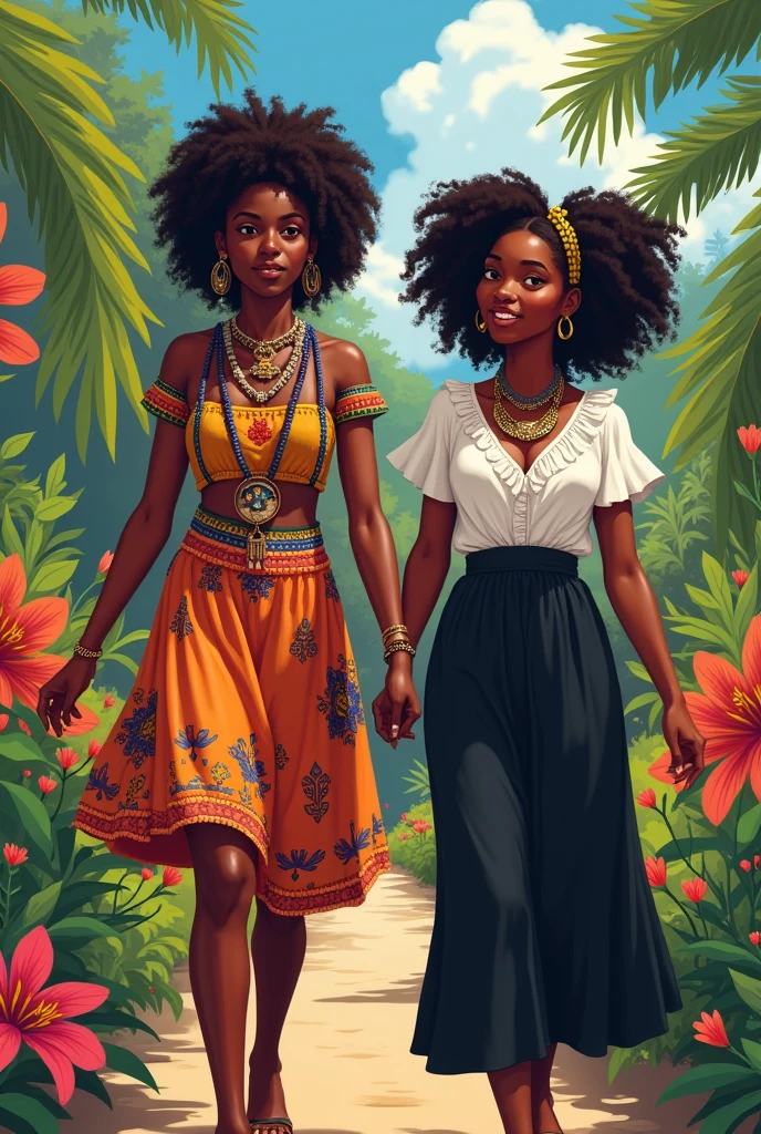 Create an image of a , her name is Atabey. afro haïtienne, frizzy hair with beads, necklaces, ankh earrings,habits traditionnels cousin zaka en bleu digo. She walks in the very colorful botanical garden of Martissant, Haiti, with his girlfriend Jesula, afro haïtienne, frizzy hair with a colorful barrette well dressed, jupe noir droit, white bodice with ruffles at the collar. Atabey très joueuse, Jesula smiling. Sachant que Atabey vodouisante et Jesula protestante. Title of the book "culture shock " an image worthy of this book