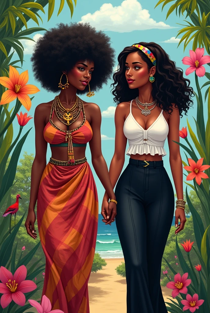 Create an image of a , her name is Atabey. afro haïtienne, frizzy hair with beads, necklaces, ankh earrings,habits traditionnels cousin zaka en bleu digo. She walks in the very colorful botanical garden of Martissant, Haiti, with his girlfriend Jesula, afro haïtienne, frizzy hair with a colorful barrette well dressed, jupe noir droit, white bodice with ruffles at the collar. Atabey très joueuse, Jesula smiling. Sachant que Atabey vodouisante et Jesula protestante. Title of the book "culture shock " an image worthy of this book