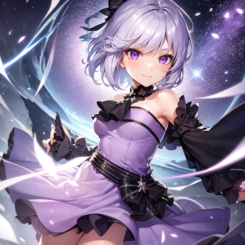 1girl,magical,short hair,silver hair,purple eye,smile,sky