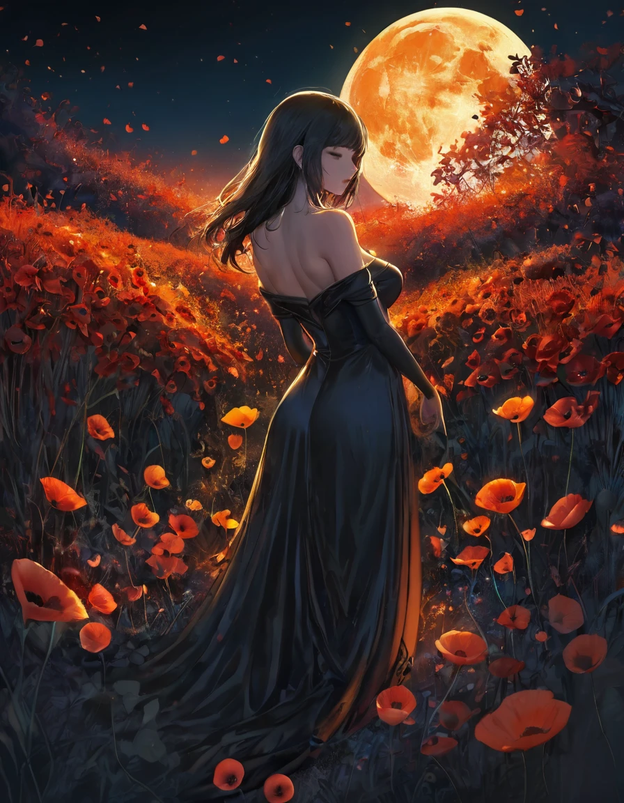 A digital illustration depicts a young woman standing in profile among a sea of vibrant black flowers, likely poppies, in a mystical field at night. The woman has long, sexy Sensual seios empinados e durinhos decote dark hair that flows dramatically behind her, caught in a gentle breeze, creating a sense of movement and adding depth to the scene. She wears an off-the-shoulder, dark-gold pinkshock dress adorned with intricate floral patterns featuring pink Neon and gold flowers, as well as small geometric designs. Her face is turned slightly upward, eyes closed, and lips slightly parted, exuding a serene and contemplative expression. The background features a massive, luminous full moon red dominating the upper center of the image, casting a warm, golden-orange glow across the scene. The moon's surface is highly detailed with visible craters and textures, creating a surreal and enchanting atmosphere. The sky surrounding the moon transitions from deep midnight blue to a reddish-black hue near the horizon, dotted with scattered stars. The foreground is filled with numerous bright red flowers with orange centers and delicate, paper-thin petals, their slender green stems and leaves visible. Some flowers appear to glow softly, enhancing the magical quality of the scene. Behind the flowers, tall, golden wheat-like stalks add depth and texture to the midground. The overall composition is centered on the woman, with the moon providing dramatic backlighting that highlights her silhouette. The color palette is dominated by deep reds, vibrant oranges, charcoal blacks, and warm yellows, creating a high-contrast, low-luminance scene with rich saturation. The lighting is soft and diffused, emphasizing the ethereal quality of the moment and contributing to the surreal, dream-like quality of the illustration.