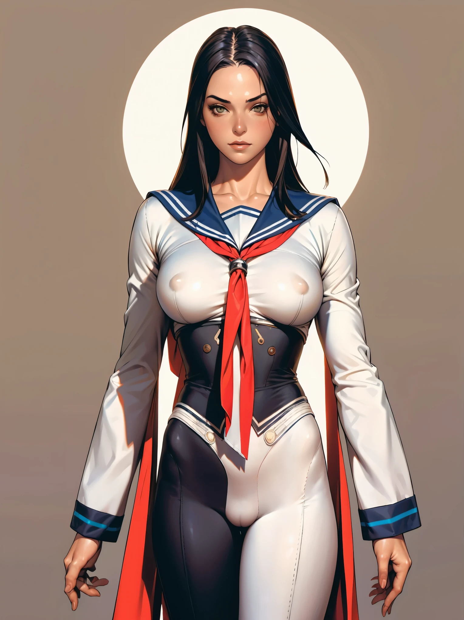 (((Annie Lennox))), ((( Sailor Suit ))), ((high collar)), (((best quality: 1.4))), (Unbeatable masterpiece), (hiper HD),(CG 8k hyper-realistic), (((brave face))), (((breasts big))), (((hyper feminine))), sexually girl, thron,（black bob hair)), ((( sculptural body ))), (((1 daughter))), daughter cibernética de 25 anos com perfectbody,,Beautiful and well-groomed face,muscled body:1.2,solid color detailed jacket, (Head to thigh photos)， Complex equipment, green dark，Long pants，Tight clothes are dark，With white stars and off-white stripes,,,,,Armor Metal Electronic Parts, Poison tattoos ) INFO, daughter, (((standing alone))), pirralha violent, ((())), sexually, pose de atitude, Artwork, post-apocalypse, (((manga style))), bounty hunter, violent, Manic, any way you want, slenderbody, tipis, mas forte, perfectbody, roupa moderna, advanced technology, neon, sleeves with vertical striped pattern, neutral background, (( cowboy shot )). complex look