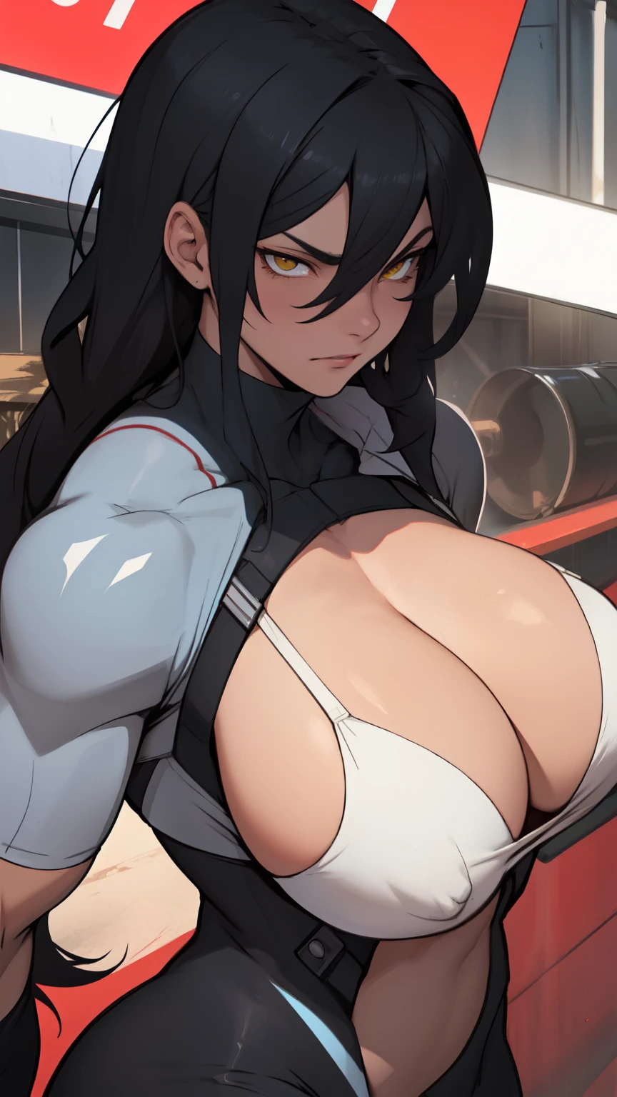 black hair yellow eyes pale skin girl huge muscles massive breasts toned body smug cocky confident expression crazy eyes muscular girl 