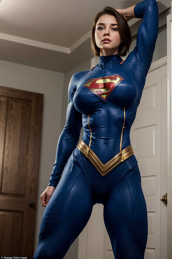 ((Best Quality)), ((Masterpiece)), (Very detailed: 1.3), head touching ceiling in a detailed room, Beautiful woman, supergirl, short fair hair, defined body, (big breasts:1.1), wearing full body blue Supergirl suit, (macrogts:1.2), (muscular woman:1.1), right proportions,