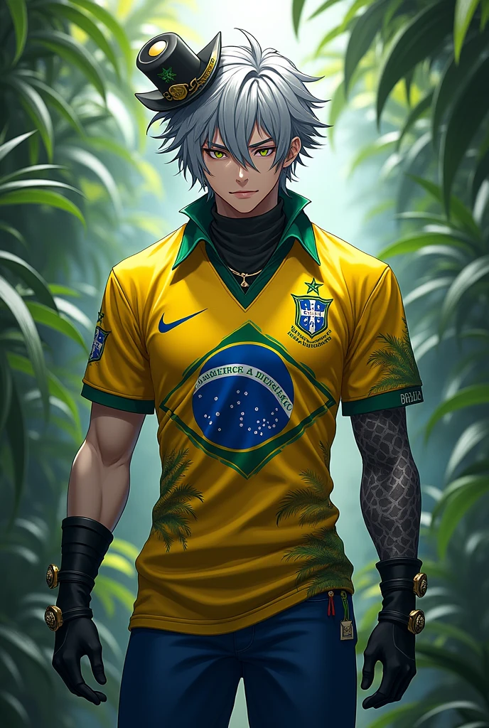 Scaramouche from Genshin Impact wearing a Brazil jersey