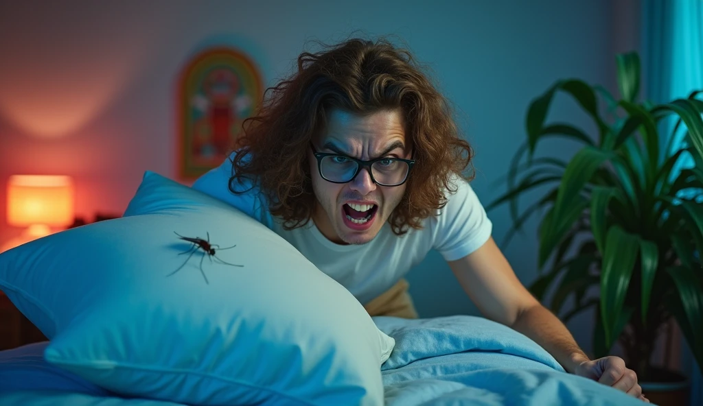 A captivating photograph showcasing a furious guy with long, wavy brown hair and glasses caught in the midst of a mosquito battle in his bedroom at night. He is aggressively swinging his pillow towards the mosquito with fury. The guy is wearing a white t-shirt and has a angry furious look on his face. The mosquito is perched on the wall, buzzing annoyingly as the guy swings his pillow in an attempt to swat it. The room is filled with a variety of bright colors, from the blue bedsheet to the green plants, creating a vivid and lively atmosphere., photo, cinematic