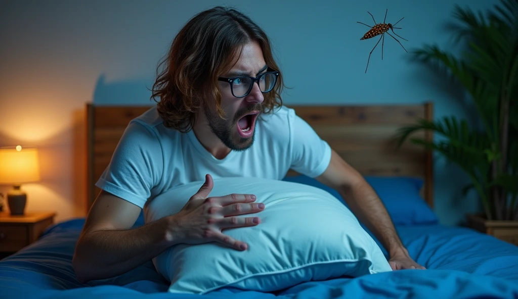 A captivating photograph showcasing a furious guy with long, wavy brown hair and glasses caught in the midst of a mosquito battle in his bedroom at night. He is aggressively swinging his pillow towards the mosquito with fury. The guy is wearing a white t-shirt and has a angry furious look on his face. The mosquito is perched on the wall, buzzing annoyingly as the guy swings his pillow in an attempt to swat it. The room is filled with a variety of bright colors, from the blue bedsheet to the green plants, creating a vivid and lively atmosphere., photo, cinematic