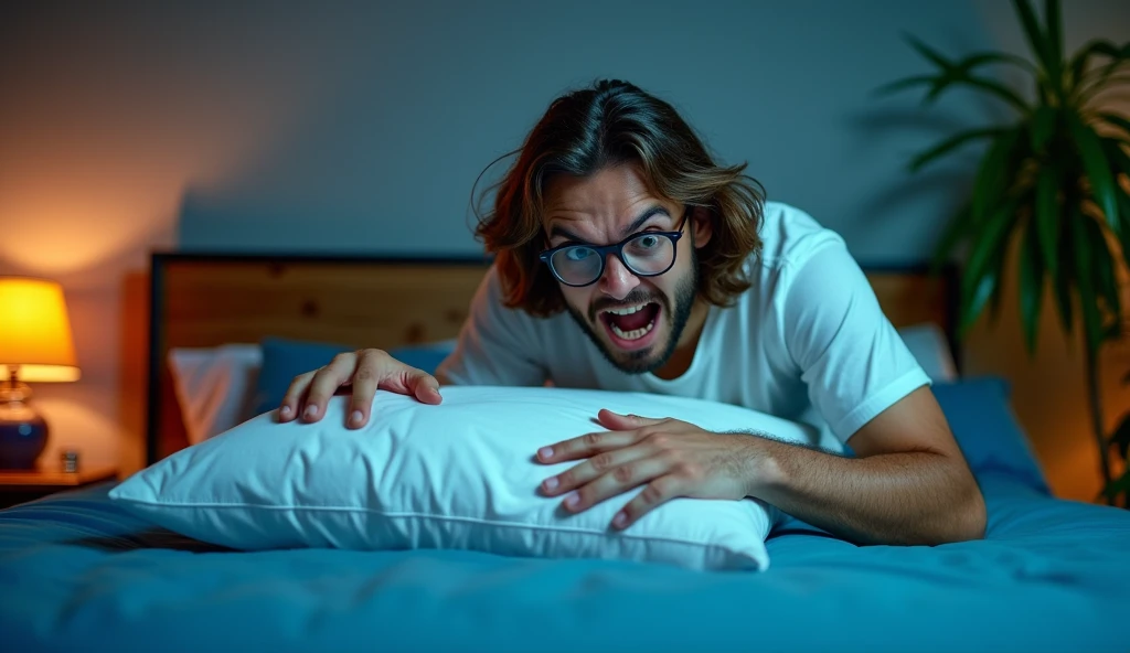 A captivating photograph showcasing a furious guy with long, wavy brown hair and glasses caught in the midst of a mosquito battle in his bedroom at night. He is aggressively swinging his pillow towards the mosquito with fury. The guy is wearing a white t-shirt and has a angry furious look on his face. The mosquito is perched on the wall, buzzing annoyingly as the guy swings his pillow in an attempt to swat it. The room is filled with a variety of bright colors, from the blue bedsheet to the green plants, creating a vivid and lively atmosphere., photo, cinematic