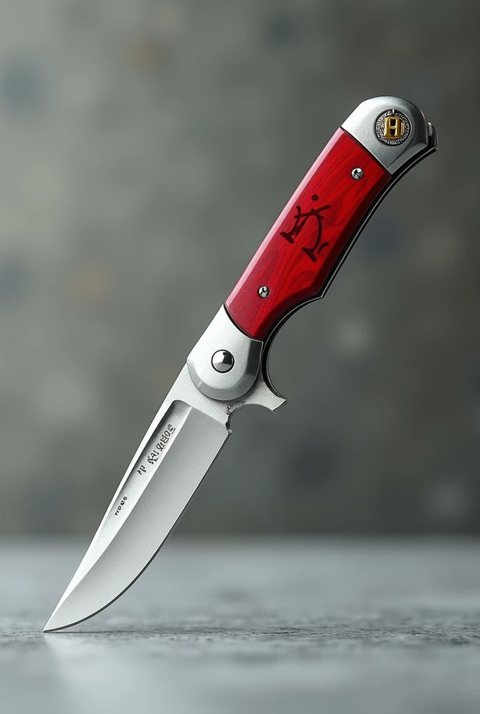 A silver pocket knife with red details and the letter "H" golden carved on the handle