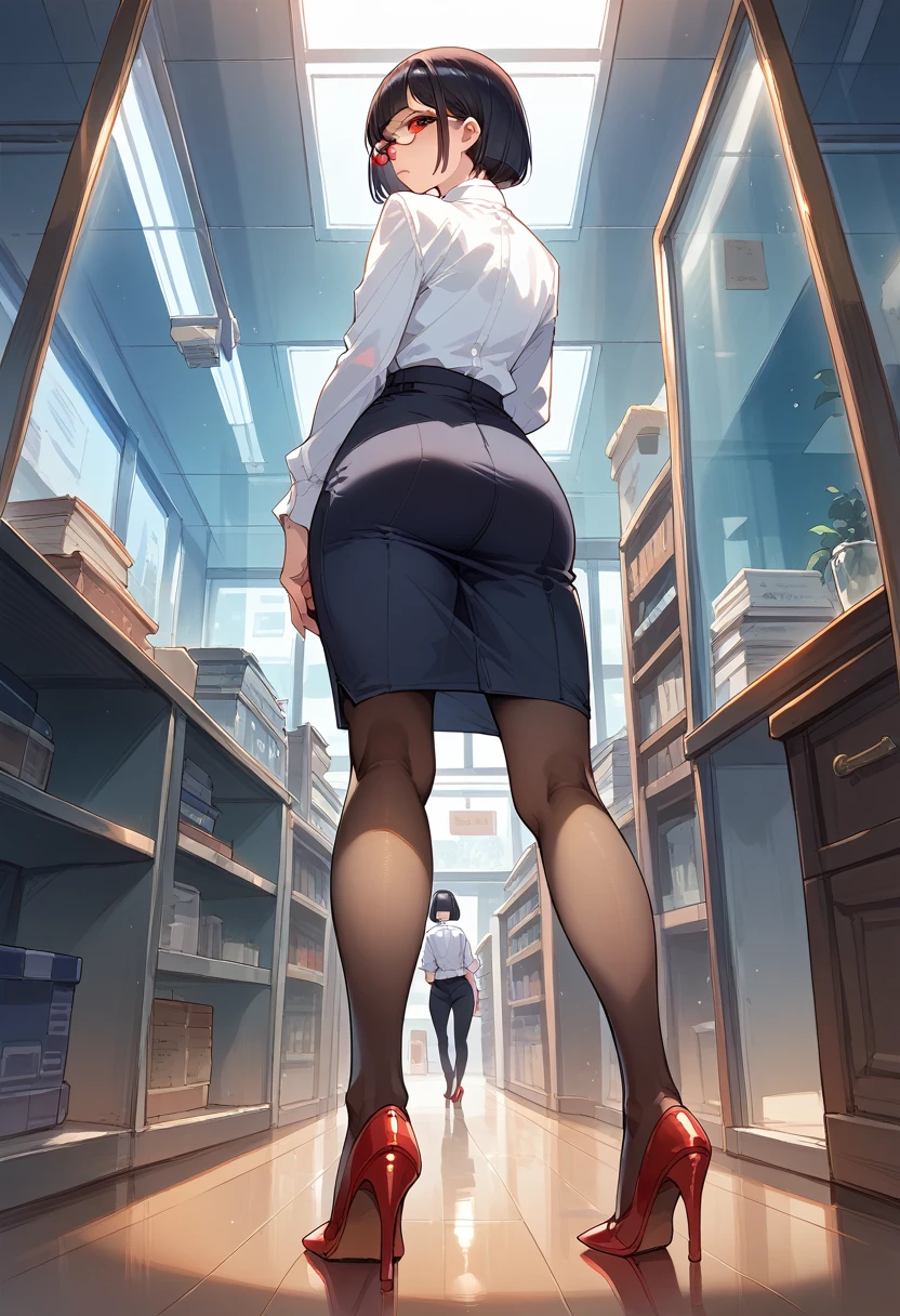  (score_9,score_8_up,score_7_up),1woman,solo,source_anime,mature,beauty, ((black hair, bob cut)), (business woman, red glasses, red High heels, Pantyhose), White button-up shirt, black tailored pants, long legs, Full body, Standing, looking back, stern expression, view from behind, shot from the back angle, in front of a glass wall, modern interior 