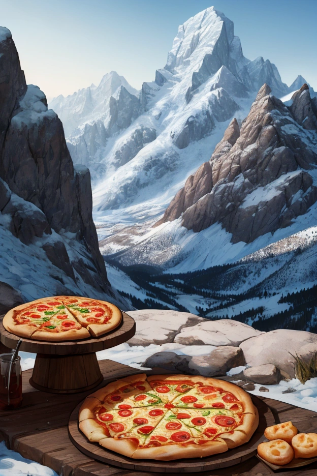 a delicious fresh baked pizza on top of a large rock with snow-capped mountains in the background, alpine landscape, detailed food textures, dramatic lighting, cinematic composition, highly detailed, 8k, photorealistic