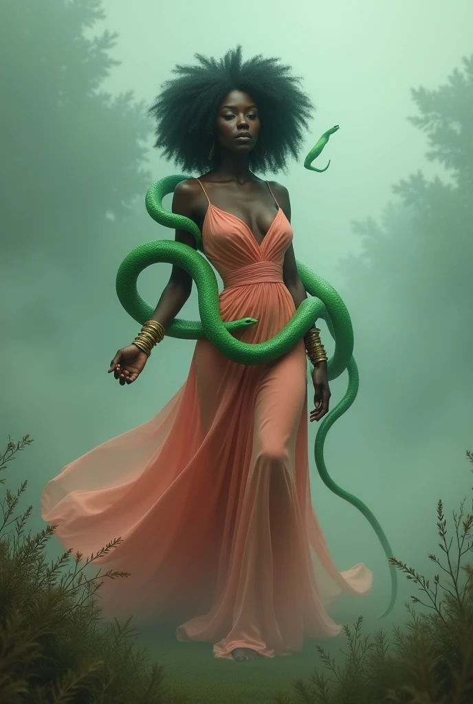Black woman Orisha, peach colored dress, with a green snake wrapped around his arm in the middle of a fog