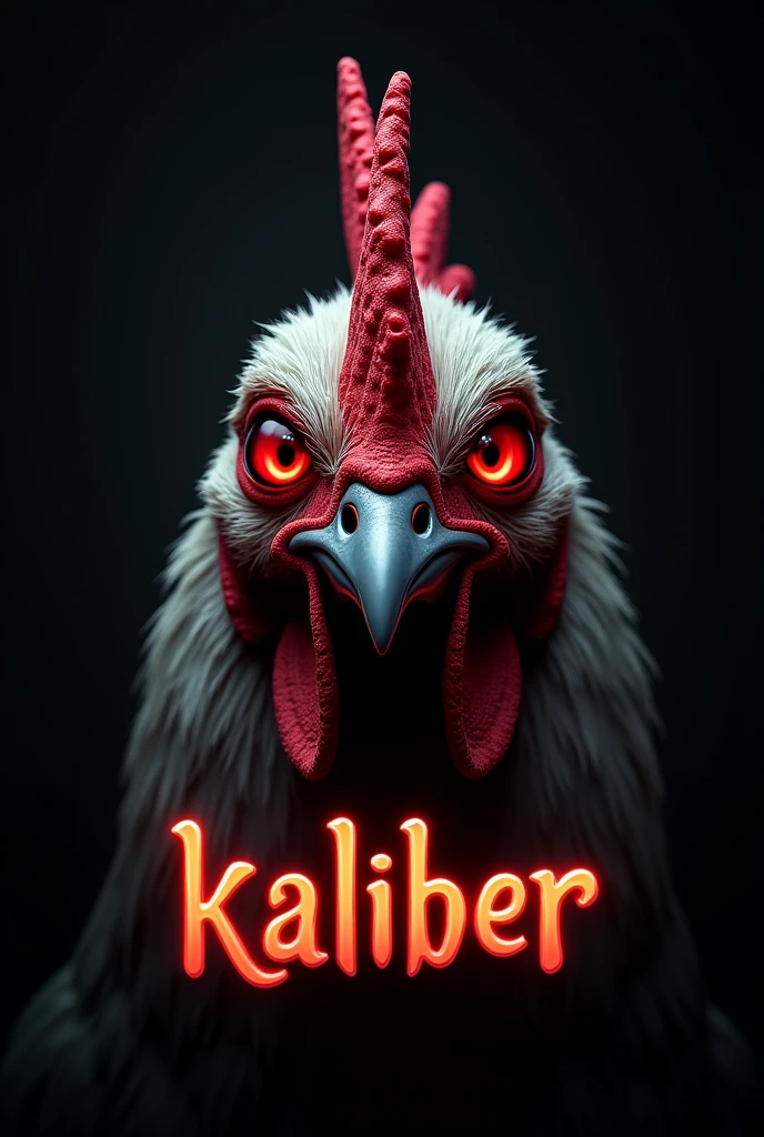 the face of a red eyed chicken animated with the word kaliber below it with black background 