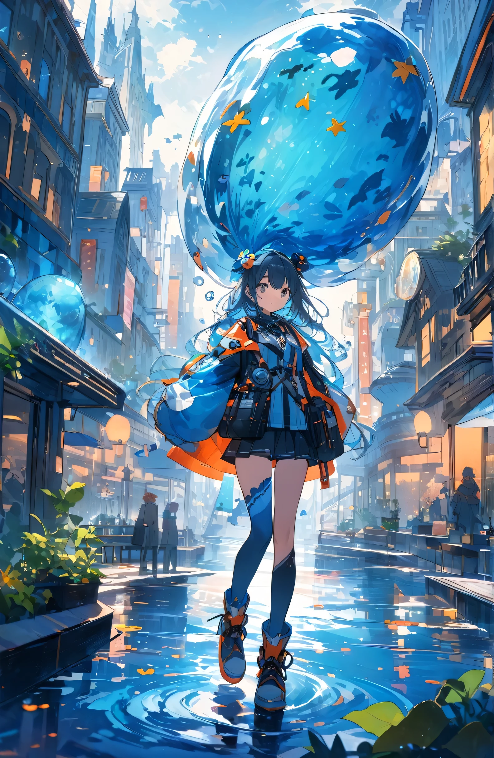 ((Amazingly absurd)),超High resolution, Attention to detail, high quality, High resolution, 最high quality, 4K, 8k、The protagonist is、A girl with a normal human appearance. Ocean city architecture、Design inspired by marine life forms. The girl is equipped with special breathing apparatus and underwater propulsion equipment..、Freedom to explore the city. City architecture and facilities、Living things、Everything creates a fantastical atmosphere, like something from another world.. The girl's expression and movements are full of curiosity、I seem to be driven by a thirst for adventure.. The play of light and water currents beneath the surface、Great care has been taken in depicting aquatic life.. whole、Expressing a dreamlike and mysterious worldview