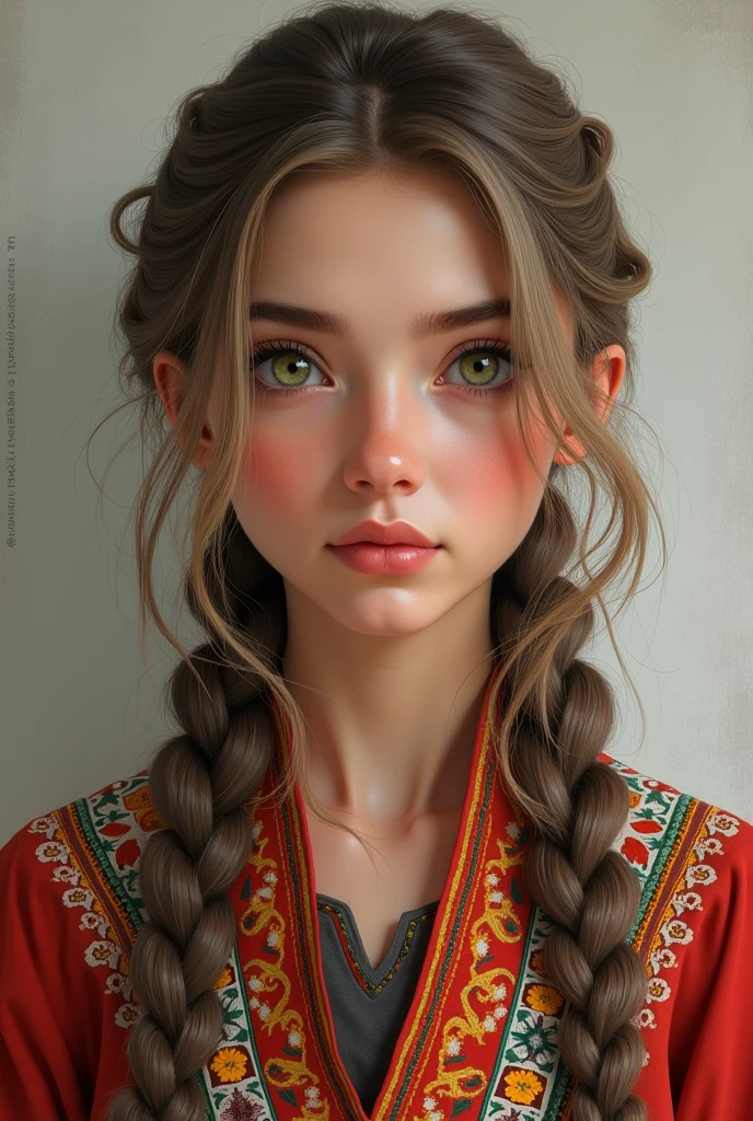 Uzbek about 1, green eyes, in uzbek national clothing, small lips and oval face shape, dark blonde,  wavy hair, slightly small eyes, narrow eyebrows