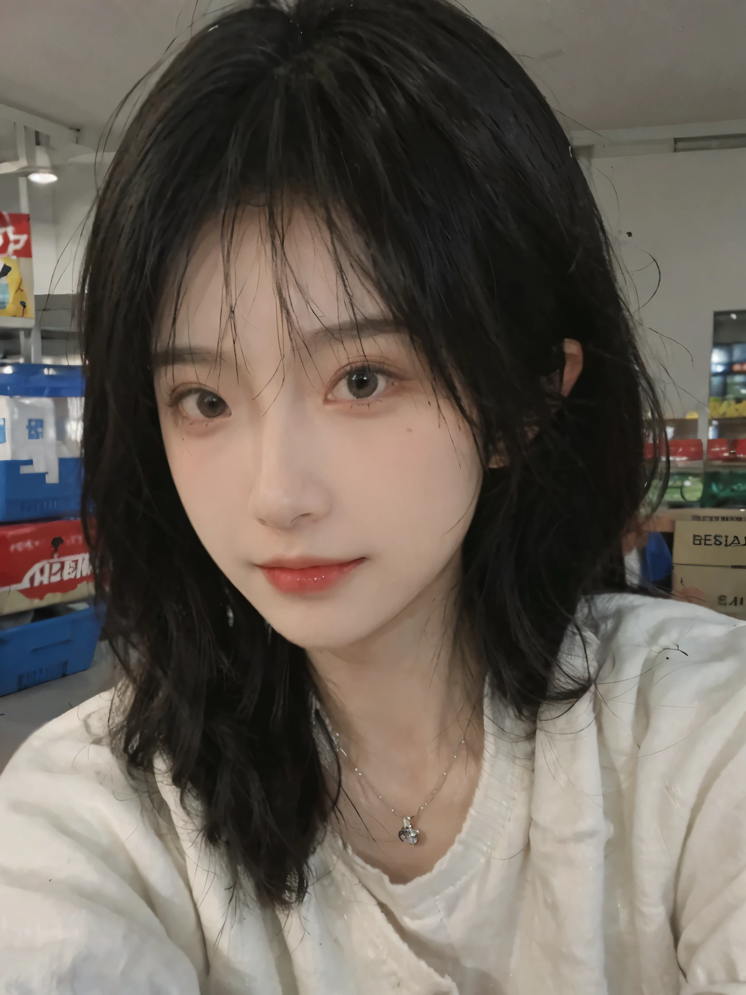 Best quality，Ultra-high resolution,(Realism:1.4)，Cute hairpins，girll,Cropped black sweater，Look directly at the audience，Full of atmosphere，Beautiful woman with a slim figure:1.4，supermarket，whole body，Super delicate face，Exquisite eyes，Double eyelids，necklace