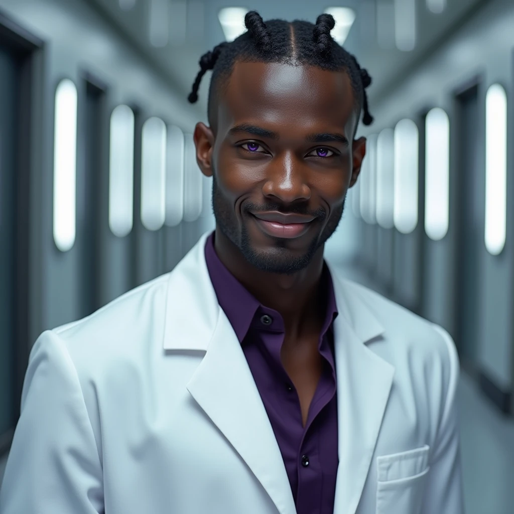 Photograph headshot, (ringlets:1.2) parted to the side hair, very tall French featured male model, shaved, toned body, ebony skin, vibrant purple eyes, tall thin toned body. Gentle smile expression. Doctor coat, dark purple shirt, modern sci-fi hospital office.
