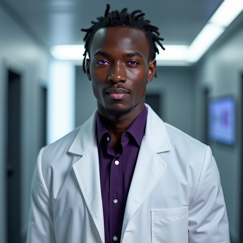 Photograph headshot, (ringlets:1.2) parted to the side hair, very tall French featured male model, shaved, toned body, ebony skin, vibrant purple eyes, tall thin toned body. Gentle smile expression. Doctor coat, dark purple shirt, modern sci-fi hospital office.