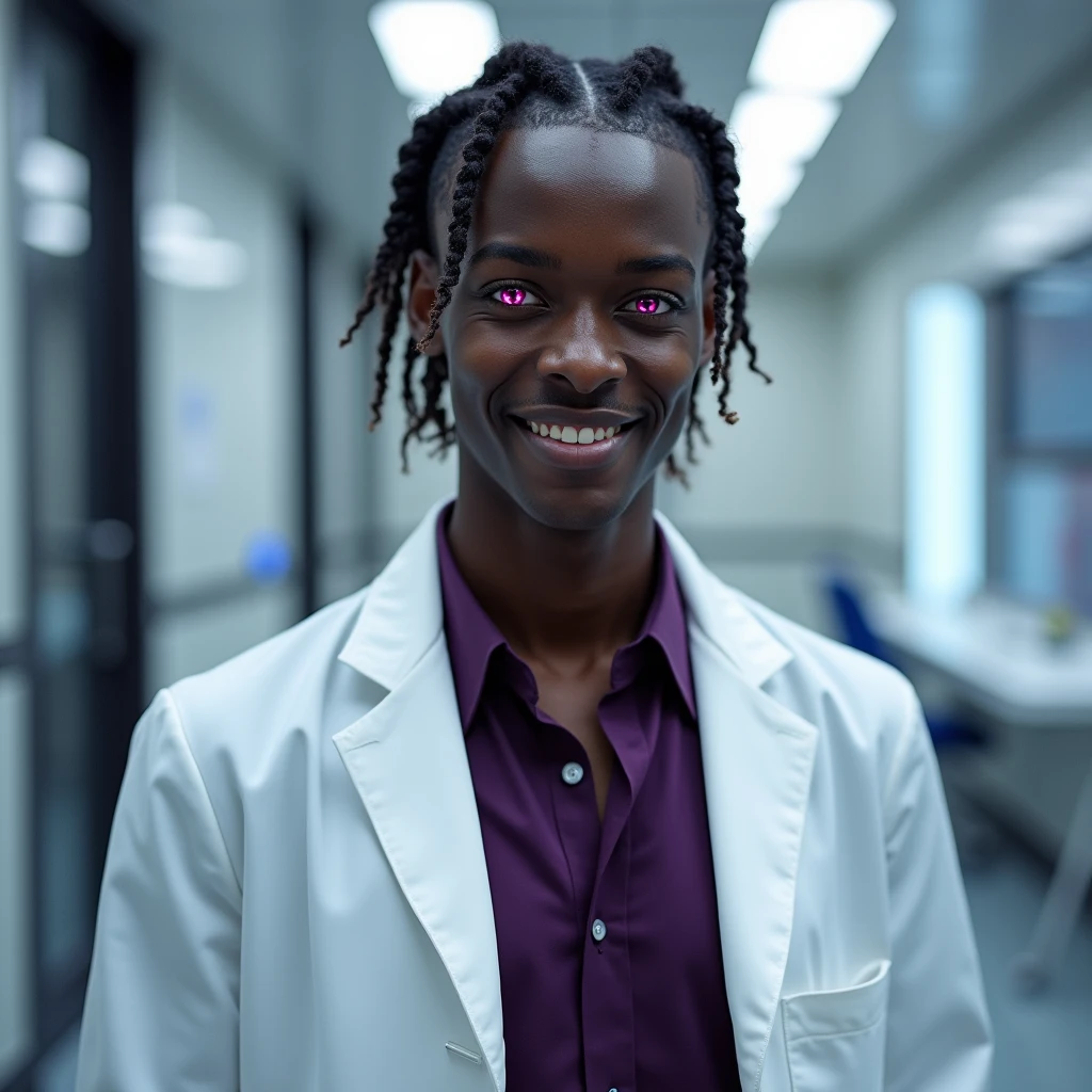 Photograph headshot, (ringlets:1.2) parted to the side hair, very tall French featured male model, shaved, toned body, ebony skin, vibrant purple eyes, tall thin toned body. Gentle smile expression. Doctor coat, dark purple shirt, modern sci-fi hospital office.