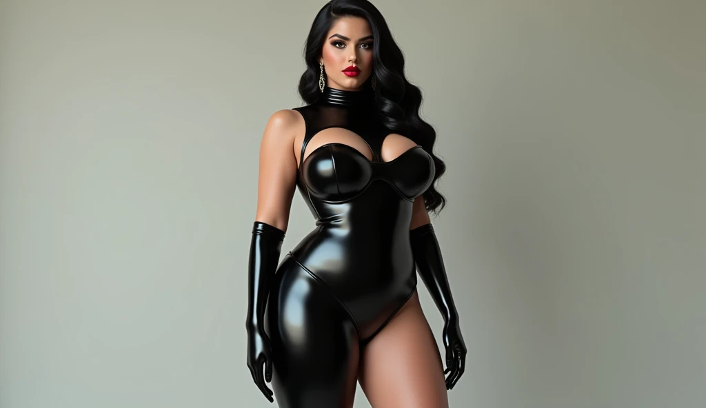 A bimbo girl with large breasts, a big bum and dressed in a black latex catsuit