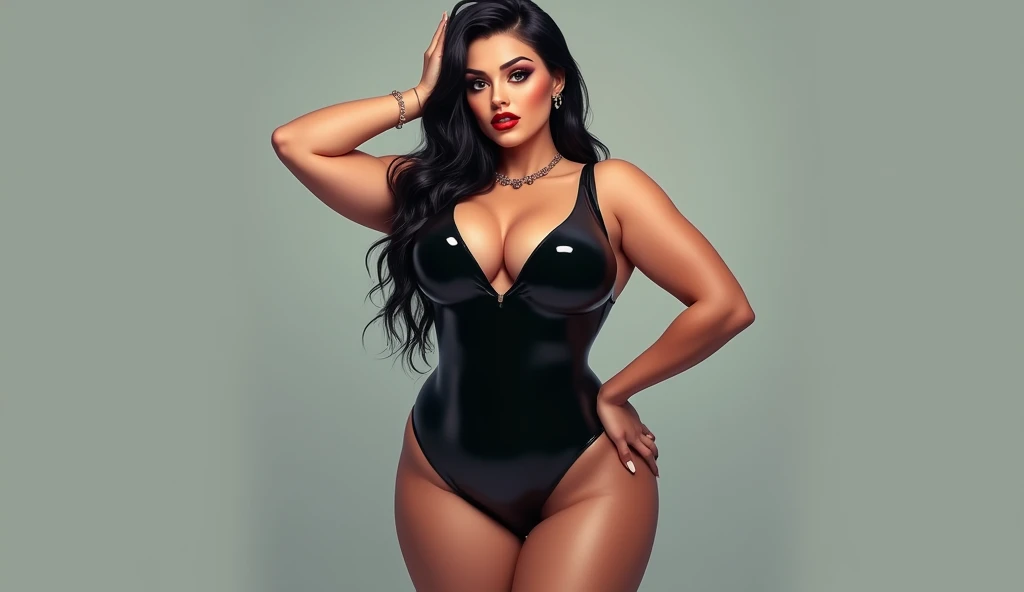 A bimbo girl with large breasts, a big bum and dressed in a black latex catsuit