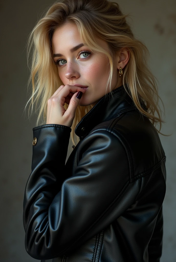 20 year old blond woman wearing black leather bike jacket and trying to lick me. She is alone. She is in love with her jacket. She watches her jacket