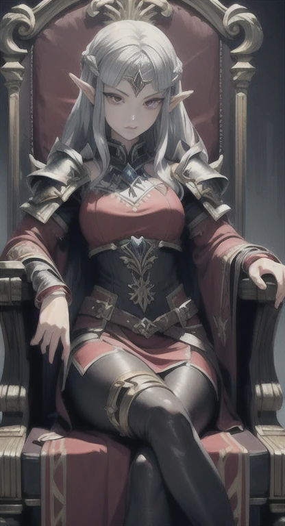 Silver hair, red eyes, sophisticated, female, bloodmoon, Queen Zelda, triforce crest, leather armor, looking at viewer, throne,