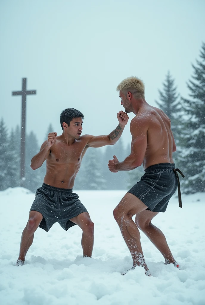 Generate an image of a young white lethwei fighter training in the snow in shorts, he is being taught by his 30 year old blond father, in the background of the landscape there is an orthodox cross 
