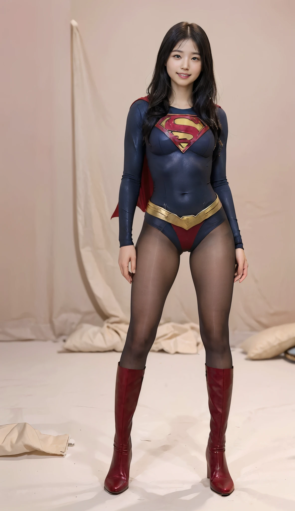 No background、(((Beautiful legs in black tights.)))、(((Legally express the beauty of your smile)))、((((Make the most of your original images)))、(((Supergirl Costume)))、(((Beautiful Hair)))、(((suffering)))、(((Please wear black tights....、Wear red boots)))、((Best image quality、8k))、((Highest quality、8k、masterpiece:1.3))、(((Preserve background )))、Sharp focus:1.2、Beautiful woman with perfect figure:1.4、Slim Abs:1.2、Wet body:1.5、Highly detailed face and skin texture、8k