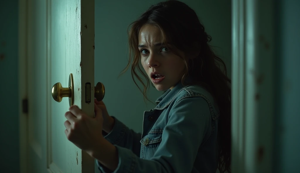 Young woman desperately trying to open a door 