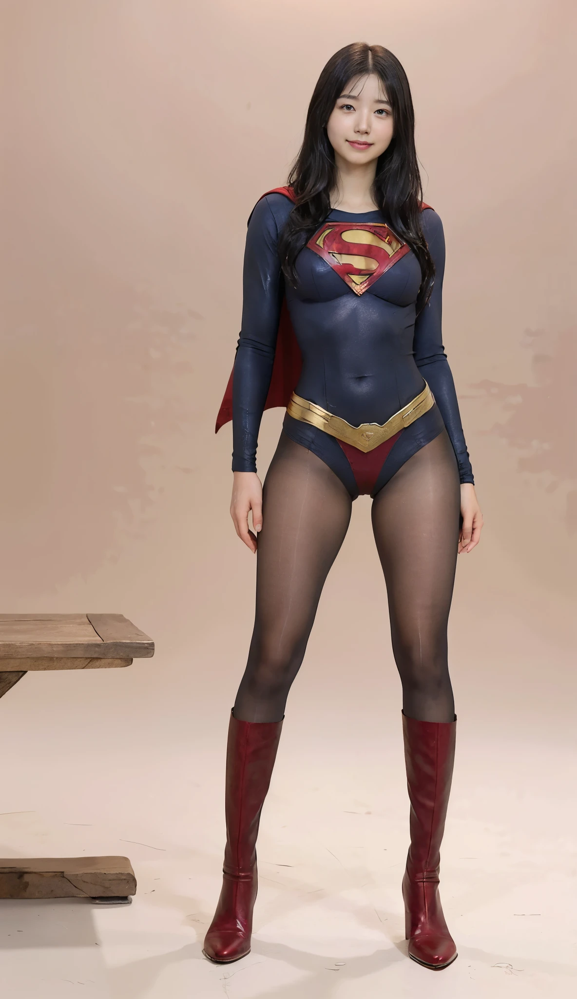 No background、(((Beautiful legs in black tights.)))、(((Legally express the beauty of your smile)))、((((Make the most of your original images)))、(((Supergirl Costume)))、(((Beautiful Hair)))、(((suffering)))、(((Please wear black tights....、Wear red boots)))、((Best image quality、8k))、((Highest quality、8k、masterpiece:1.3))、(((Preserve background )))、Sharp focus:1.2、Beautiful woman with perfect figure:1.4、Slim Abs:1.2、Wet body:1.5、Highly detailed face and skin texture、8k