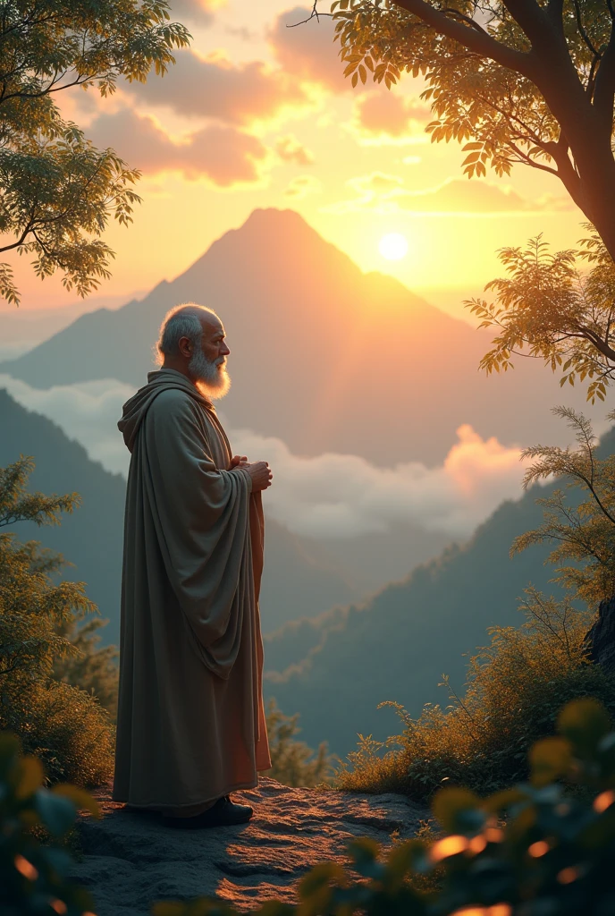 The image of a warm sunrise on the mountain top, the soft light shining through the leaves and the peaceful sounds of nature create a sense of serenity. There is a great philosopher standing in the middle.

. hyper realistic