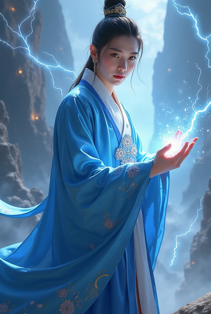 Exo Chen in traditional blue Korean outfit with lightening power in a fantasy background.