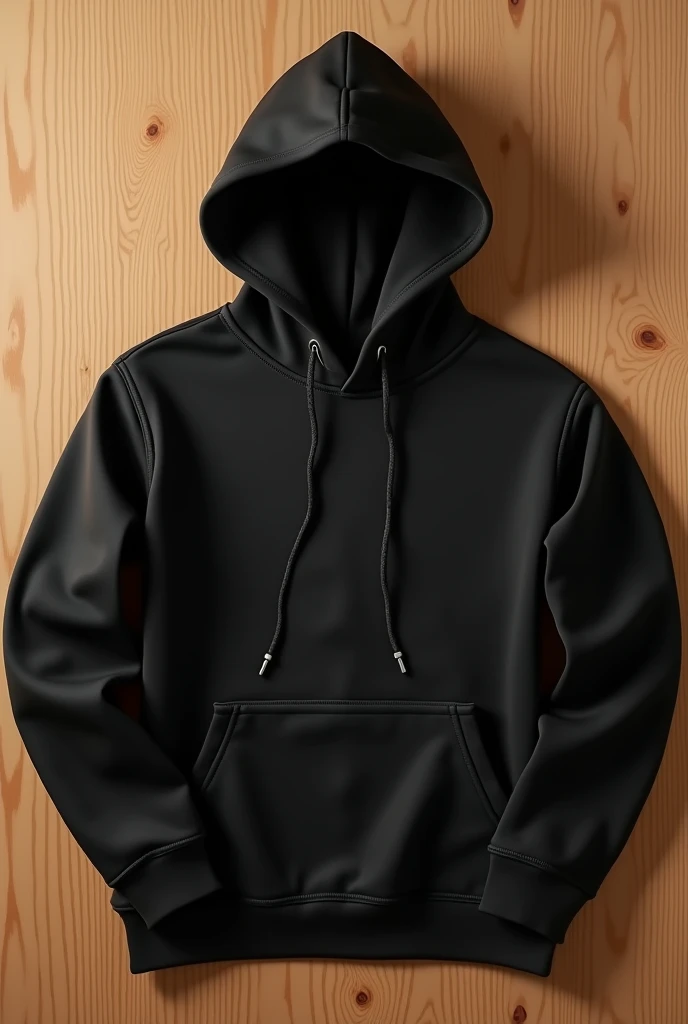 A plain black cotton hoodie spread cleanly over a wooden background, no folding on the hoodie and no rope on hoodie .