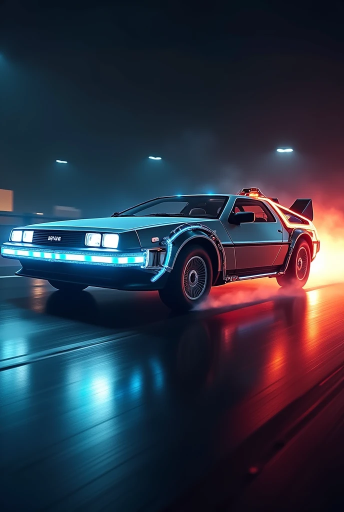Realistic Delorean\(back to the future\(film\),((glowing blue)), (electric blue glow)\), at night, (beautiful red fire from the wheel track behind the DeLorean), ((Shallow depth of field)), (bokeh), (Lens flare), sharp focus,,((dynamic angle)),awarded photo, Beautiful photo, very exciting race photo,beautiful background