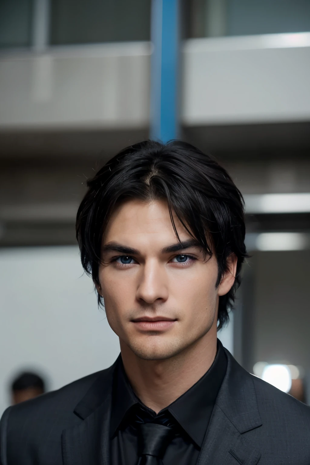 Un hombre con black hair bien peinado, with a black suit without a tie, blue eyes and ian somerhalder features, black hair, electric blue eyes and white skin