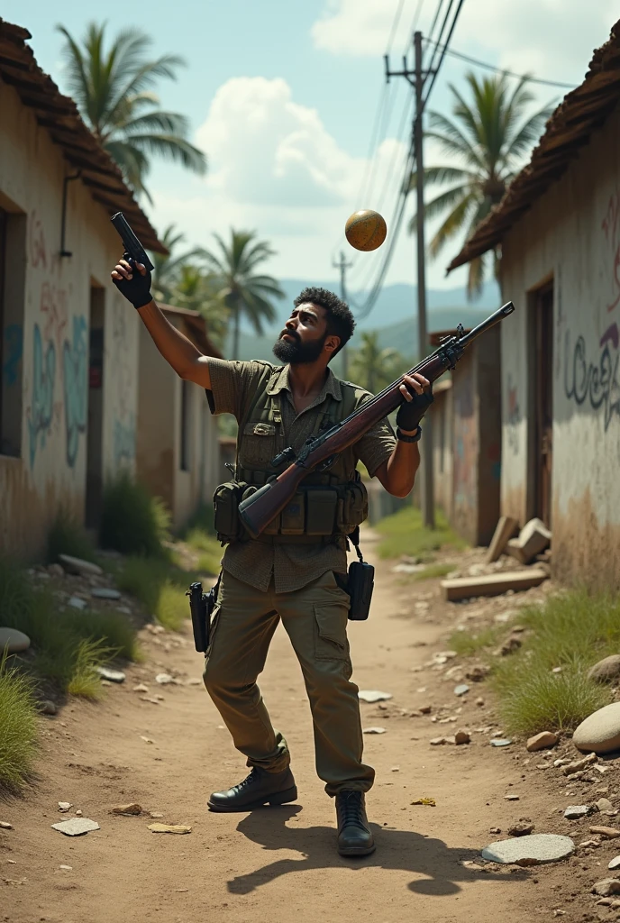Playing ball with rifle and pistol in the country in the favela