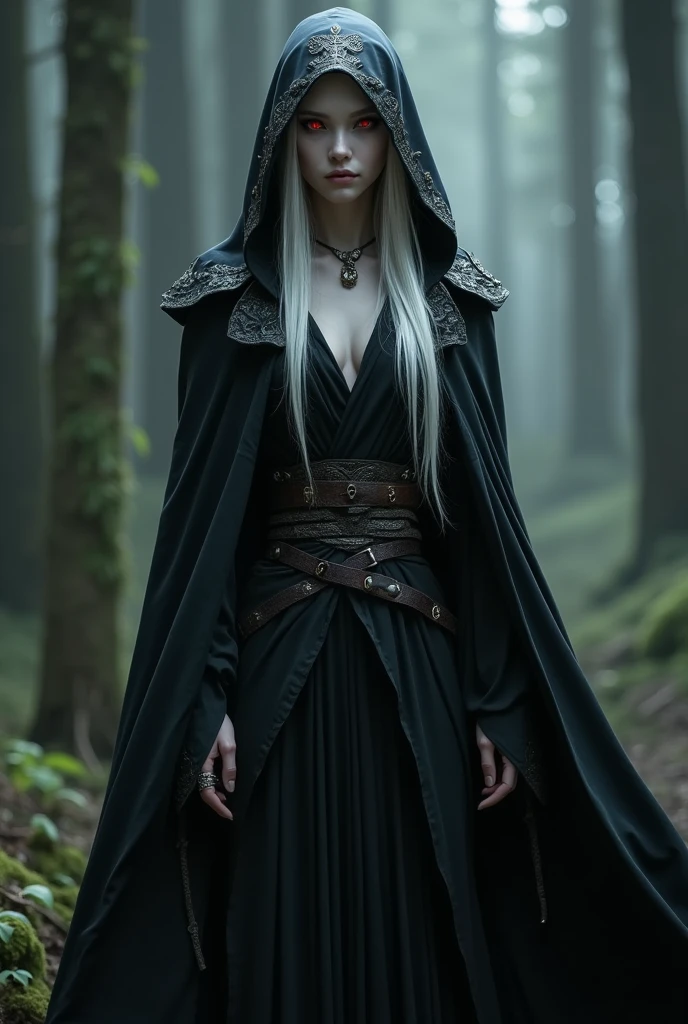Un personnage d'Elf à la peau et aux cheveux blanc avec des yeux rouges , et vêtu d'un long manteau noir a capuche et d'une ceinture en cuir