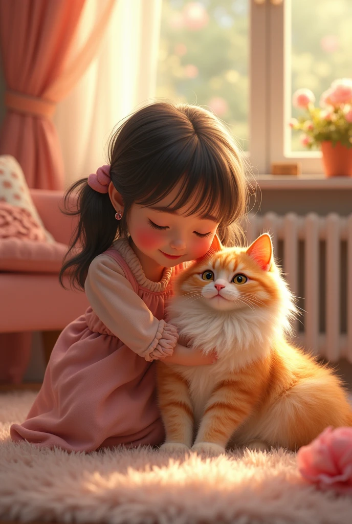 A girl, Beautiful furry cat, tender, Idyllic, Magical scene, Beautiful room , (best quality, 4K, 8K, high resolution, masterpiece:1.2), Extremely detailed, (Realist, photoRealist, photo-Realist:1.37), Warm lighting, Vibrant colors, Soft Focus, fairy tale, dreamer, Comfort, Lovely, beautiful, capricious, want to, charming, Sereno, peaceful, Innocent, comfort, full of imagination