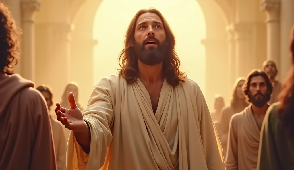 Create an inspiring and touching image of Jesus extending his hand to the people. Jesus should be depicted with a loving and compassionate expression, wearing traditional, light-colored robes. 