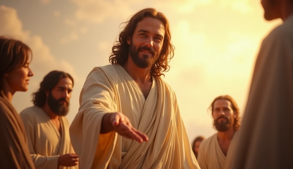 Create an inspiring and touching image of Jesus extending his hand to the people. Jesus should be depicted with a loving and compassionate expression, wearing traditional, light-colored robes.