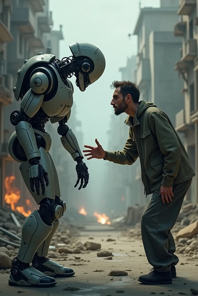 Animation of a sick man asking a robot for help in a catastrophic scenario