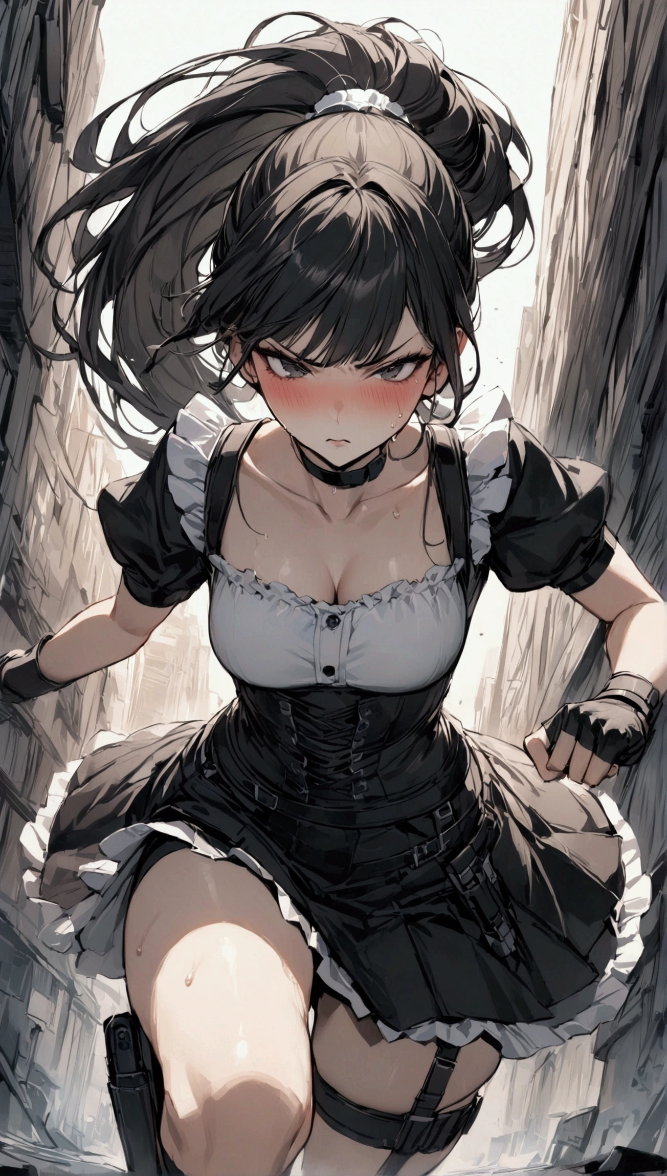 1girl solo,Female fighter ,maid outfit, collarbone, white puff sleeves, {{White short-sleeved puff-sleeved blouse:1.6}},black shoulder straps, black corset, black flared mini skirt, blunt bangs, black choker. Dynamic composition,dutch angle,{{fight}},{{masterpiece}}, {{{Highest quality}}},{{Very detailed}},holster　,Fight,,{{v-shaped eyebrows}},Bad mood,blush,Sweat,raise one's eyebrows　,Black hair Long hair,Blunt bangs　,cyberpunk　,Black fingerless gloves　,White frilled apron,school yard,ponytail,Beautiful thighs