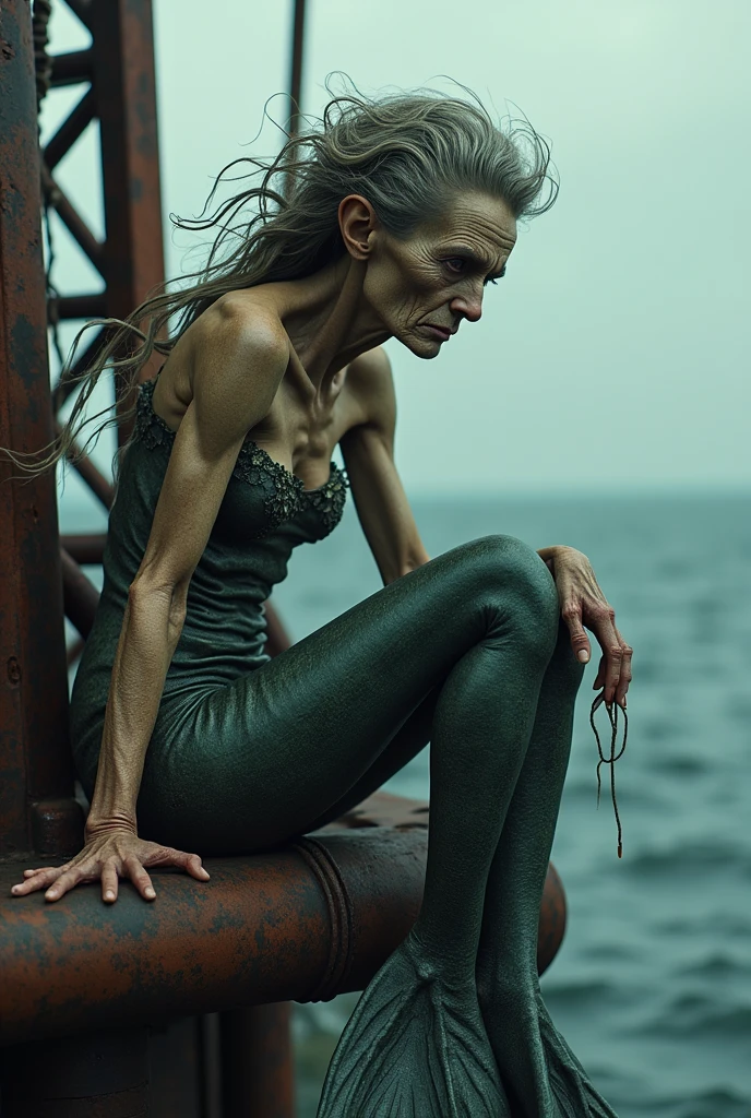 Very old thin woman with messy hair dressed as a mermaid with wrinkled face sitting on an oil rig thoughtful and sad looking down and smoking a cigarette.