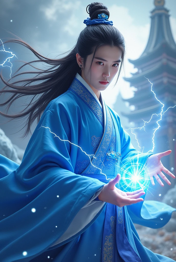 Exo Chen in traditional blue Korean outfit with long hairs and lightening power in a fantasy background.