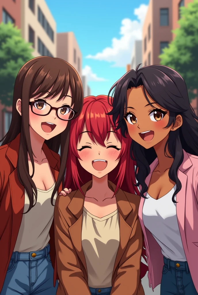 3 friends anime style version, taking a funny photo , A Chinese woman with long straight chocolate hair without bangs and with glasses and brown eyes, The other is Latina, she has dark red hair with wavy bangs and brown eyes, and the other is also Latina and has somewhat dark skin, she has long wavy hair without bangs and is messy, her hair is chocolate colored with red highlights., small in stature
