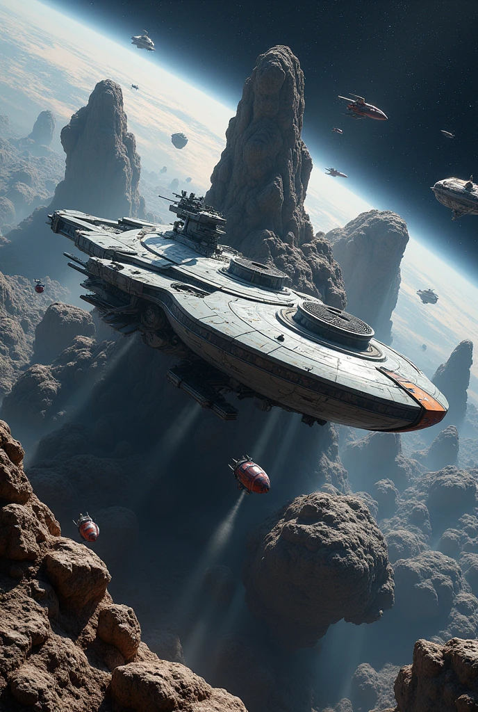 Super spacecraft collecting minerals in the asteroid belt, also place small ships, working on the surface of asteroids.