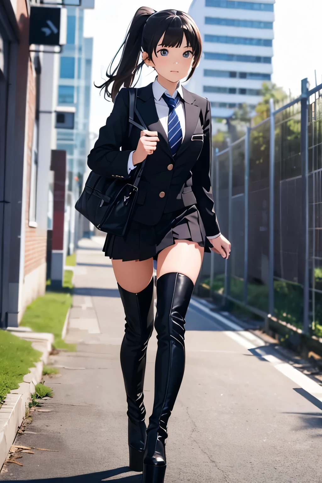 thigh high boots, platform boots, girl, high heels, ponytail, school girl, school uniform, running, late for school