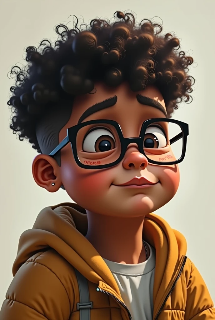 a chubby Afro-descendant with curly hair and fair skin with a lost look, square glasses and a shy smile who likes rap