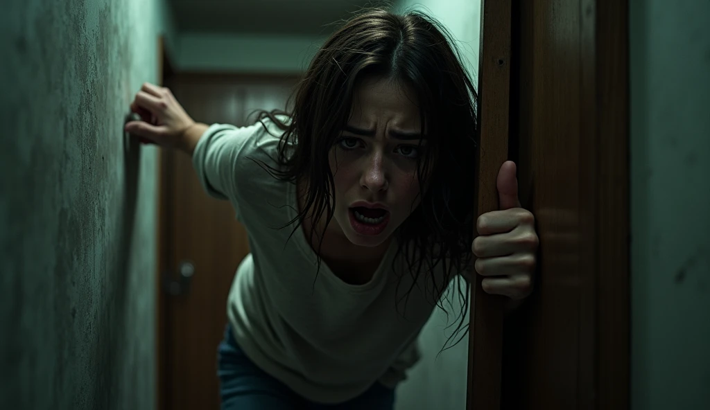 Young woman trying to get out through a door desperately 